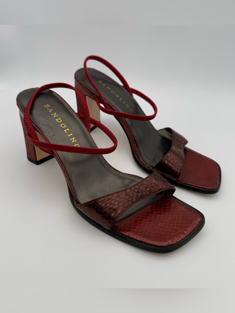 Bandolino VTG Red Snakeskin Leather Square Toe Strappy Block Heel Sandal 6 Y2K